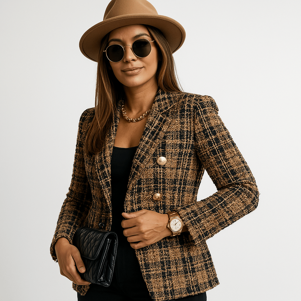 Lavinque Coats & Jackets Blazer à Carreaux Camel & Noir | Boutons Dorés | Élégance Structurée