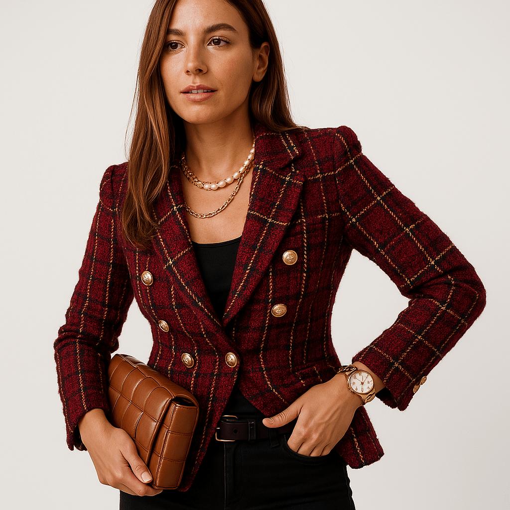 Lavinque Coats & Jackets Bordeaux / S Blazer à Carreaux Camel & Noir | Boutons Dorés | Élégance Structurée