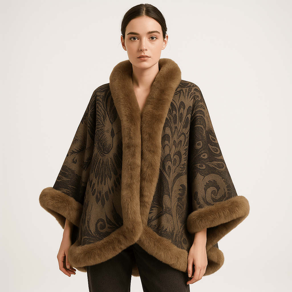 Lavinque Coats & Jackets Cape en Jacquard Doux | Motif Paon Élégant | Bordure en Fausse Fourrure