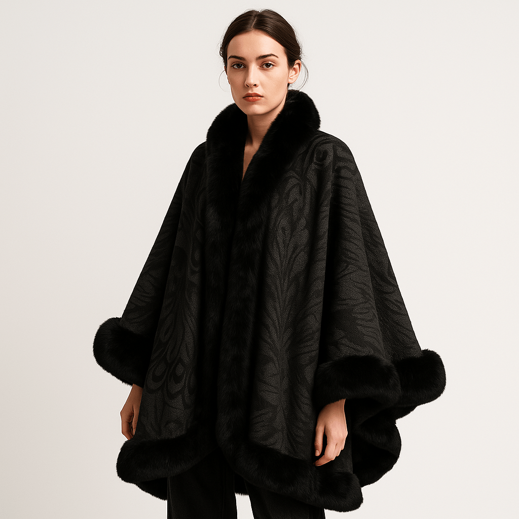 Lavinque Coats & Jackets Cape en Jacquard Doux | Motif Paon Élégant | Bordure en Fausse Fourrure