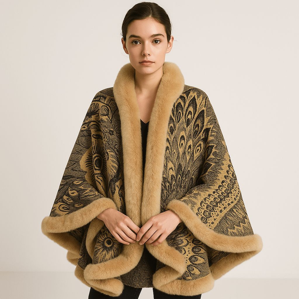 Lavinque Coats & Jackets Cape en Jacquard Doux | Motif Paon Élégant | Bordure en Fausse Fourrure