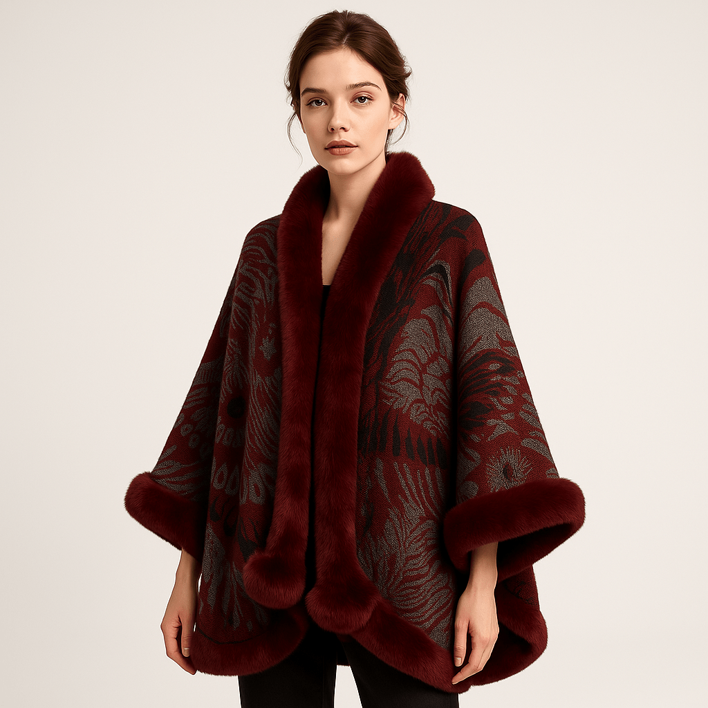 Lavinque Coats & Jackets Cape en Jacquard Doux | Motif Paon Élégant | Bordure en Fausse Fourrure