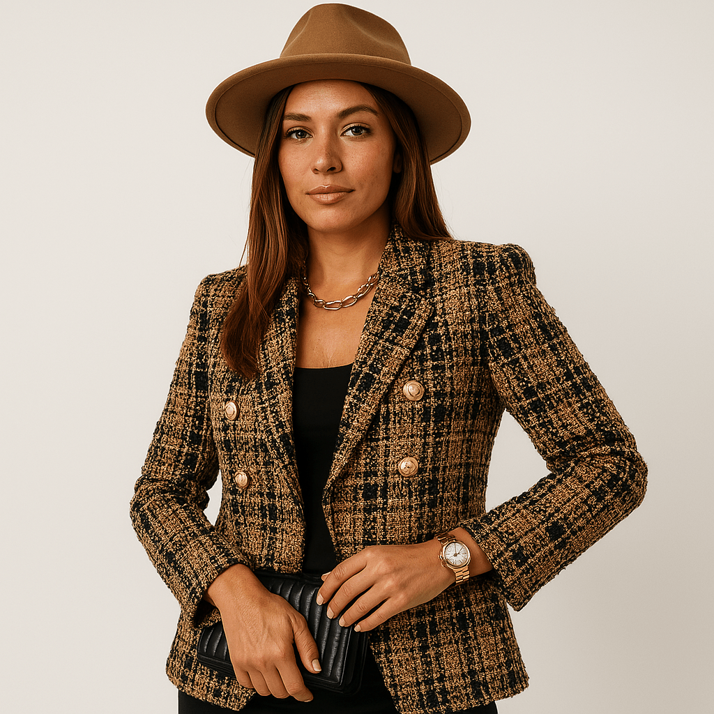 Lavinque Coats & Jackets Châtain / S Blazer à Carreaux Camel & Noir | Boutons Dorés | Élégance Structurée