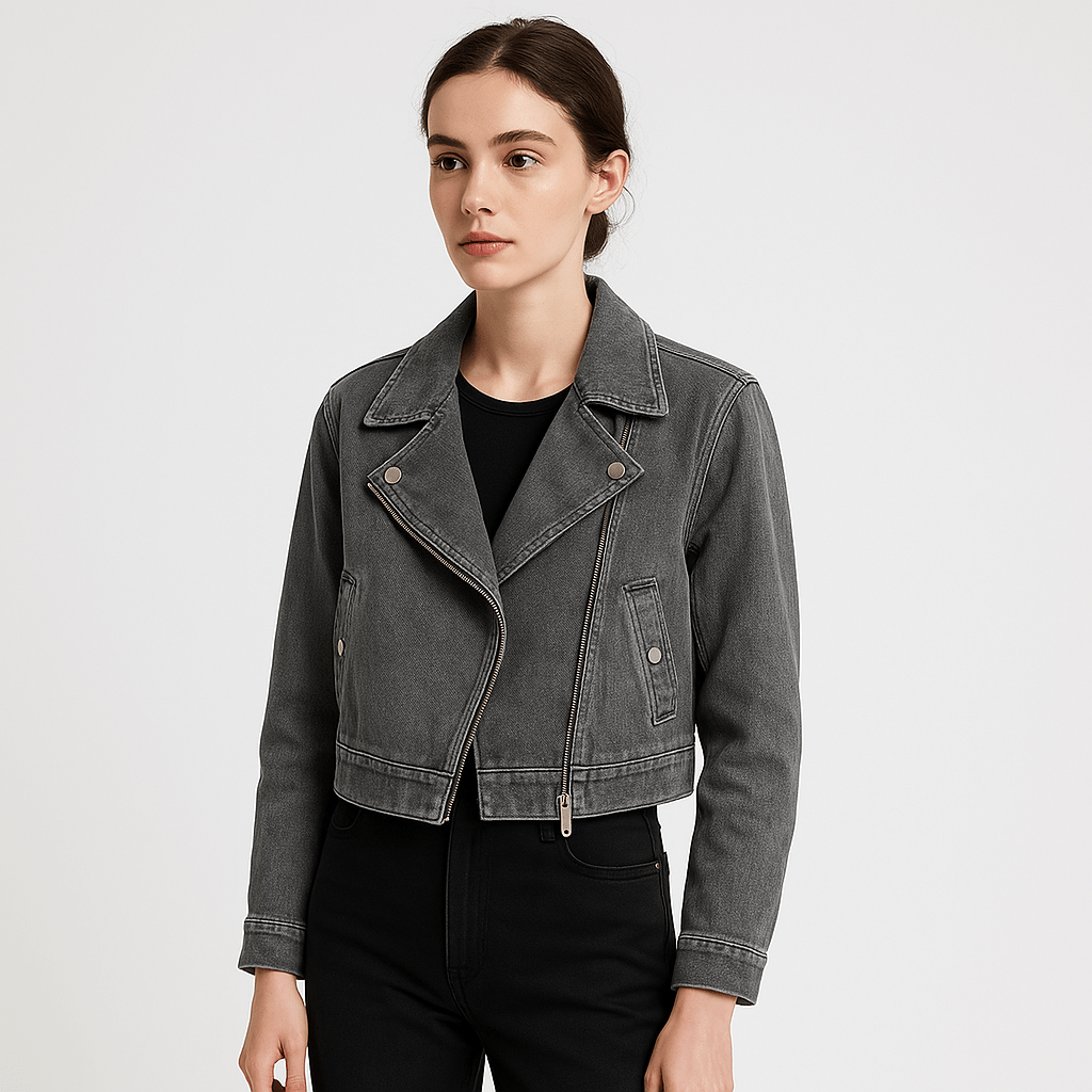 Lavinque Coats & Jackets Gris / S Blouson Biker en Jean | Coupe Courte | Look Rock Féminin