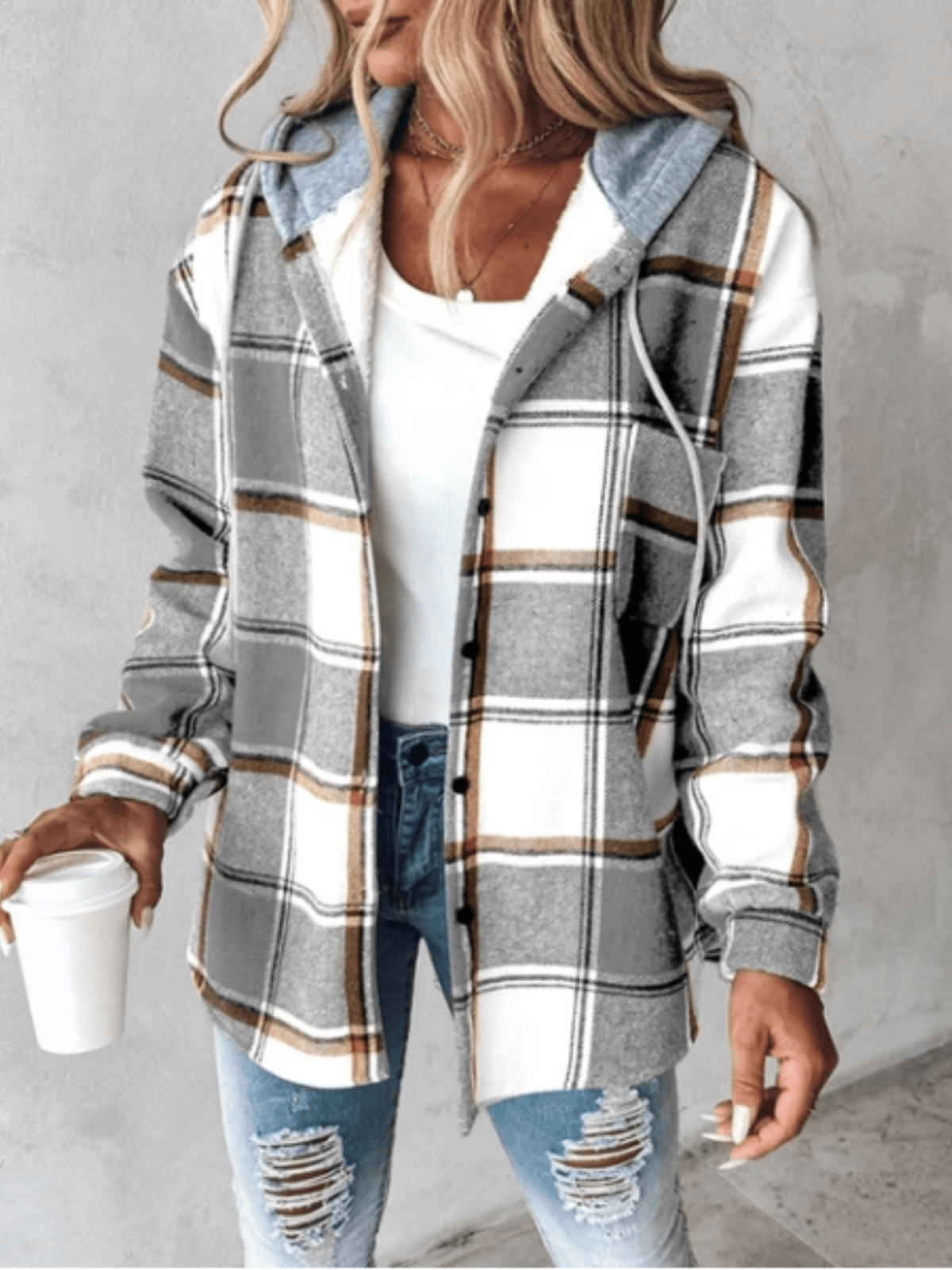 Lavinque Coats & Jackets Gris / S Veste Chemise à Capuche | Style Décontracté | Motif Carreaux