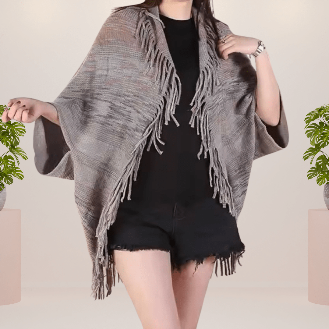 Lavinque Coats & Jackets Gris / Taille Unique Poncho à franges bohème | Poncho | Élégance et chaleur décontractée