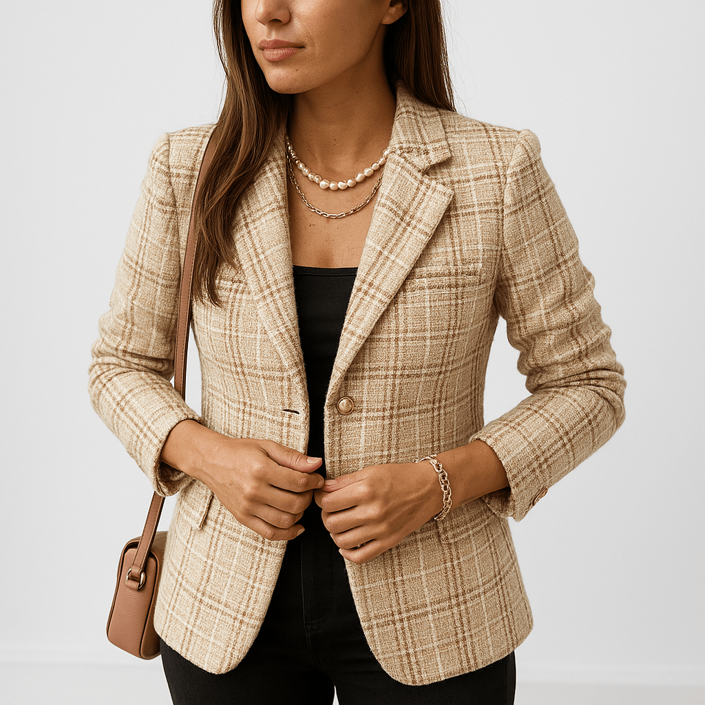 Lavinque Coats & Jackets Kaki / S Blazer à Carreaux Camel & Noir | Boutons Dorés | Élégance Structurée