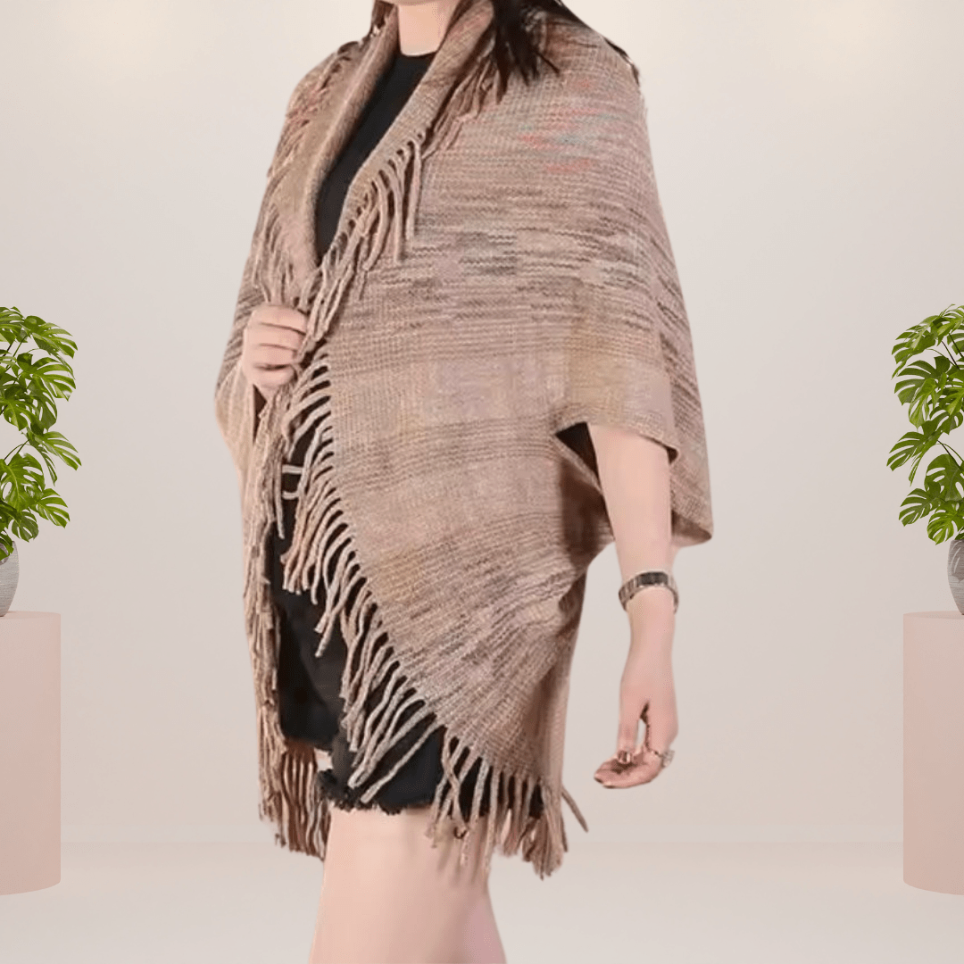 Lavinque Coats & Jackets Kaki / Taille Unique Poncho à franges bohème | Poncho | Élégance et chaleur décontractée
