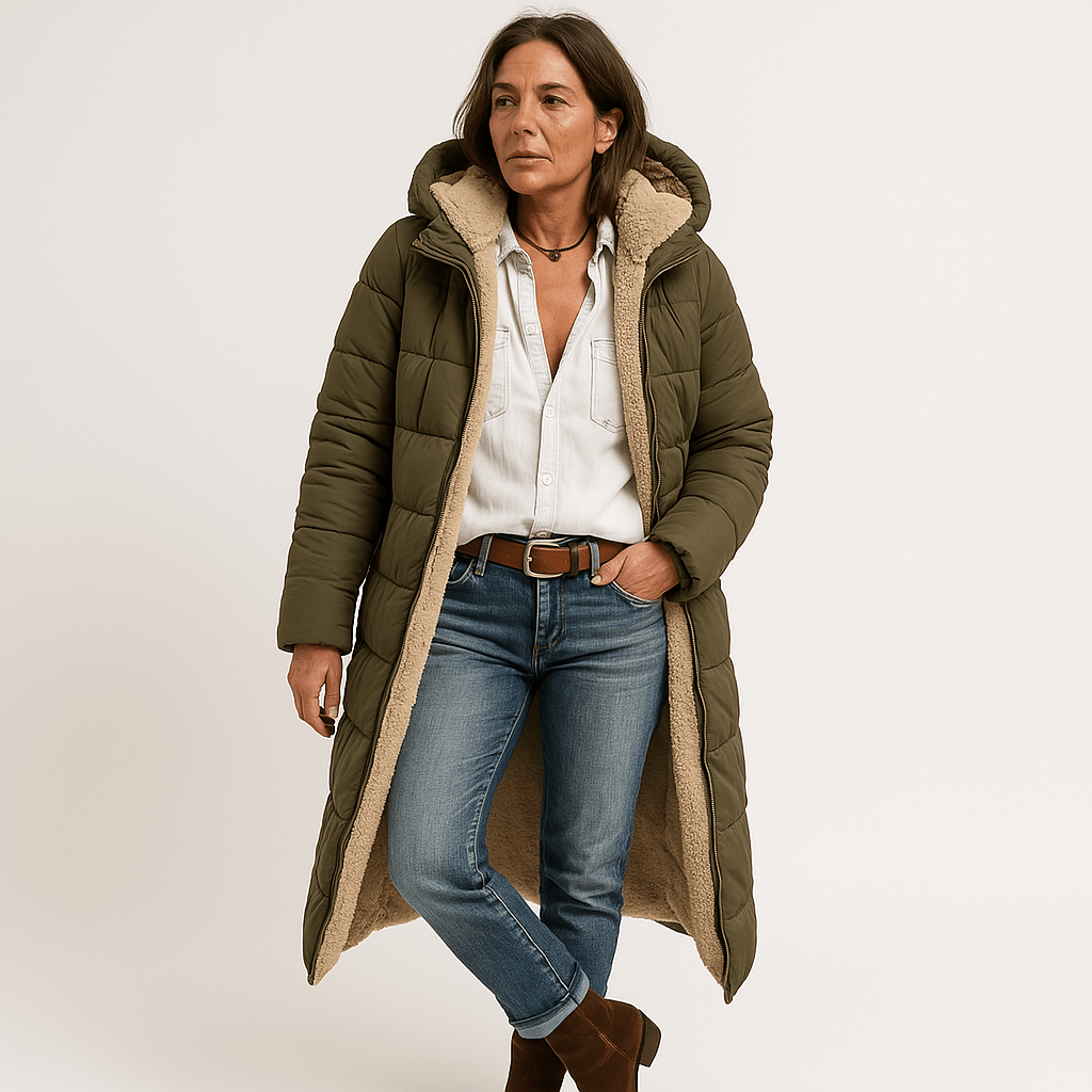 Lavinque Coats & Jackets Manteau Long Matelassé Kaki | Doublure Chaude en Fausse Fourrure | Parfait pour l’Hiver