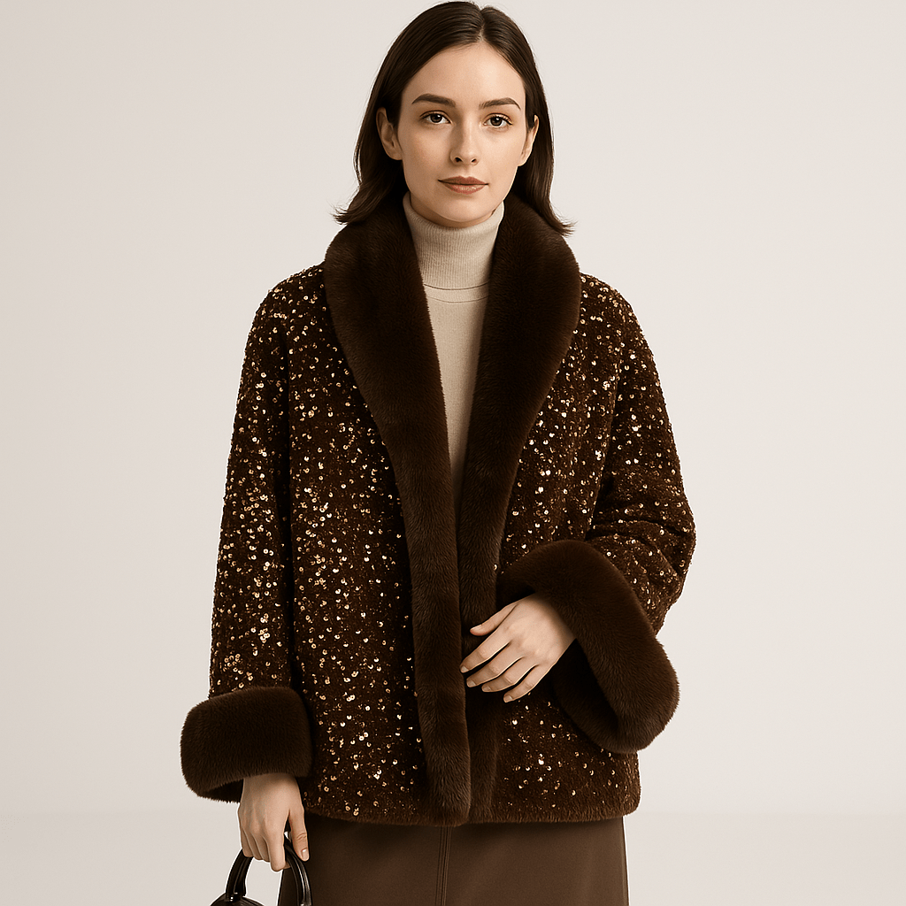 Lavinque Coats & Jackets Marron / S Veste Pailletée en Fausse Fourrure | Chaude et Élégante | Style Glamour Hiver