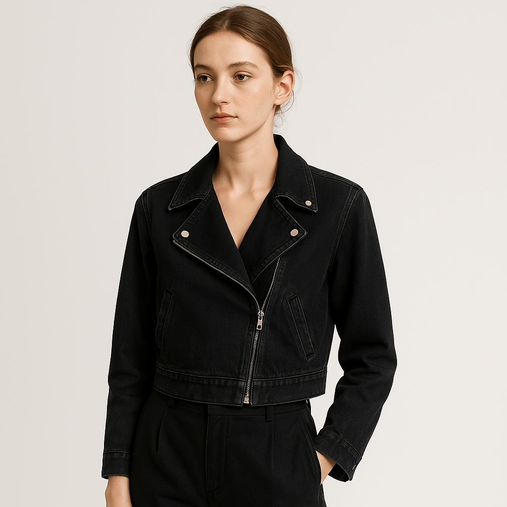 Lavinque Coats & Jackets Noir / S Blouson Biker en Jean | Coupe Courte | Look Rock Féminin