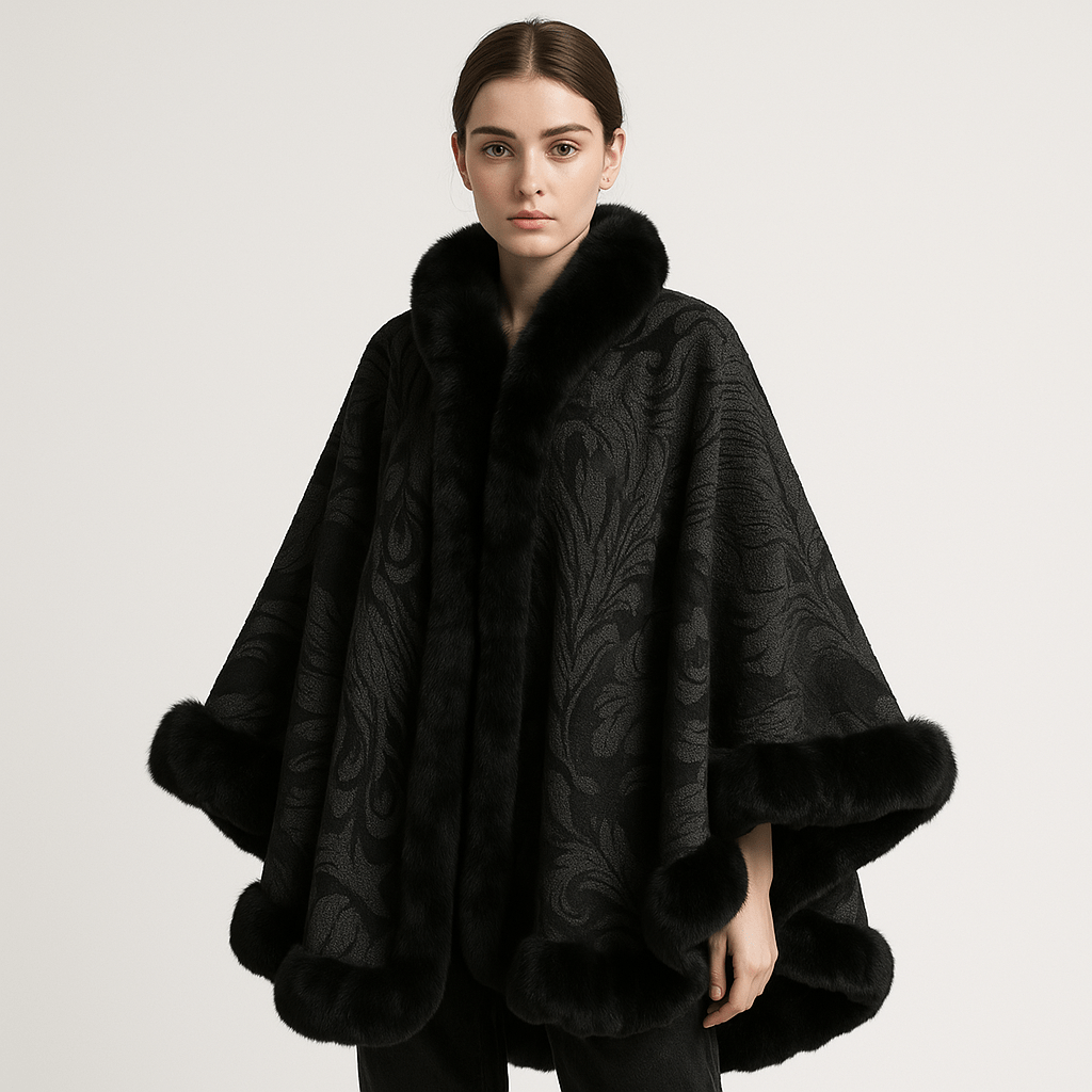 Lavinque Coats & Jackets Noir / S Cape en Jacquard Doux | Motif Paon Élégant | Bordure en Fausse Fourrure