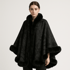 Lavinque Coats & Jackets Noir / S Cape en Jacquard Doux | Motif Paon Élégant | Bordure en Fausse Fourrure