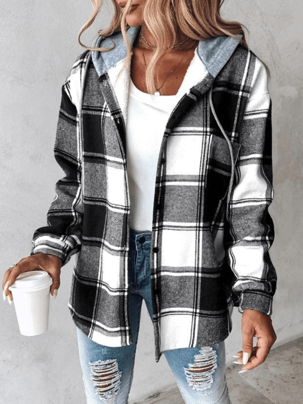 Lavinque Coats & Jackets Noir / S Veste Chemise à Capuche | Style Décontracté | Motif Carreaux