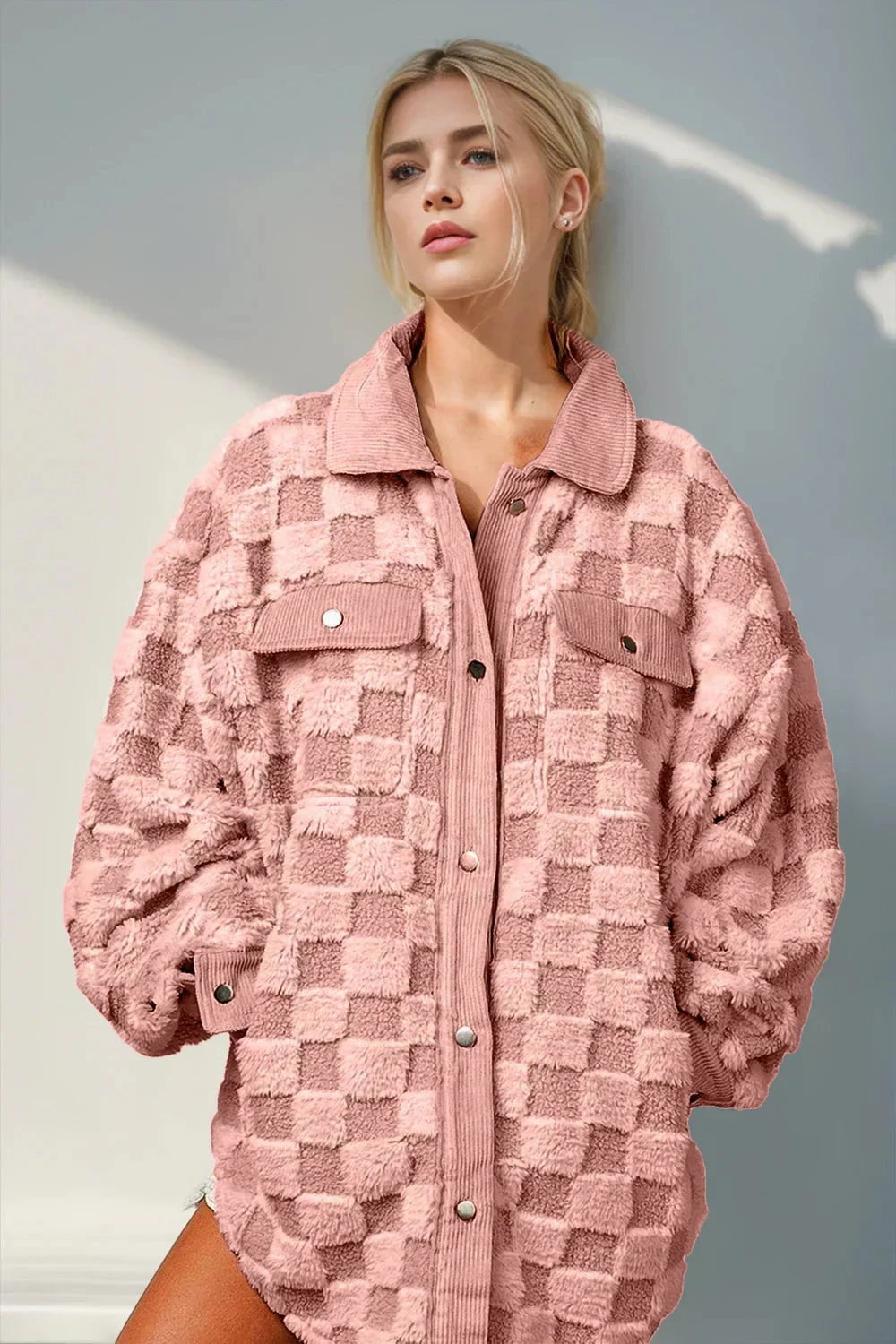 Lavinque Coats & Jackets Rose Bébé / S Surchemise Peluche | Écru à Carreaux | Oversize & Douillette