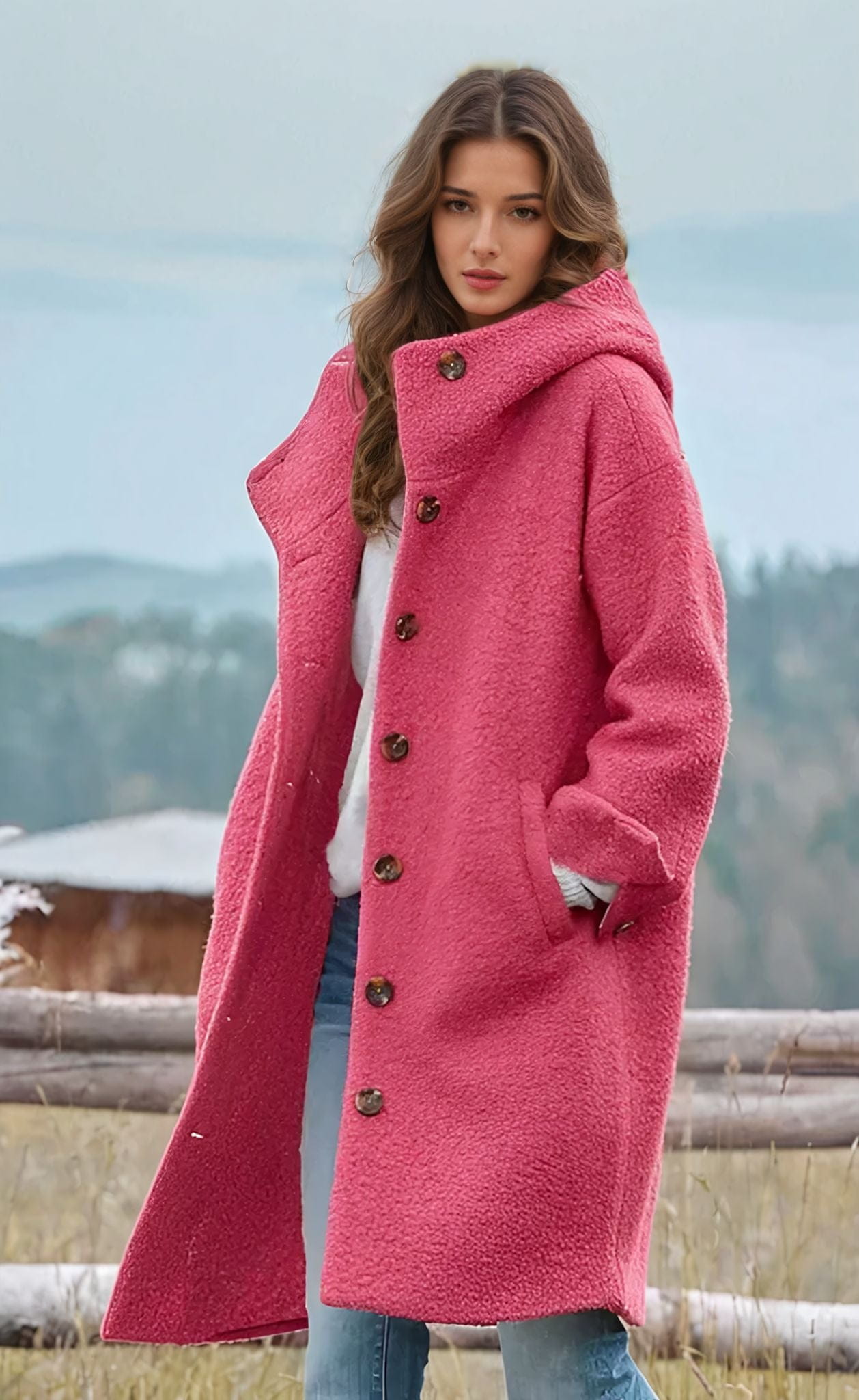 Lavinque Coats & Jackets Rose / S Manteau Long en Laine Bouclée | Rose Intense | Oversize et Douillet