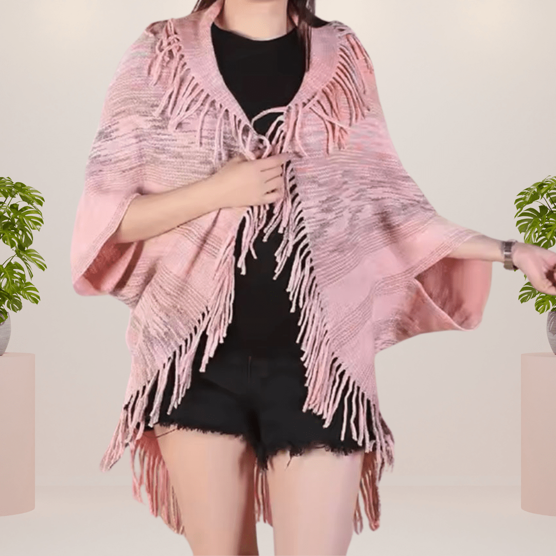 Lavinque Coats & Jackets Rose / Taille Unique Poncho à franges bohème | Poncho | Élégance et chaleur décontractée