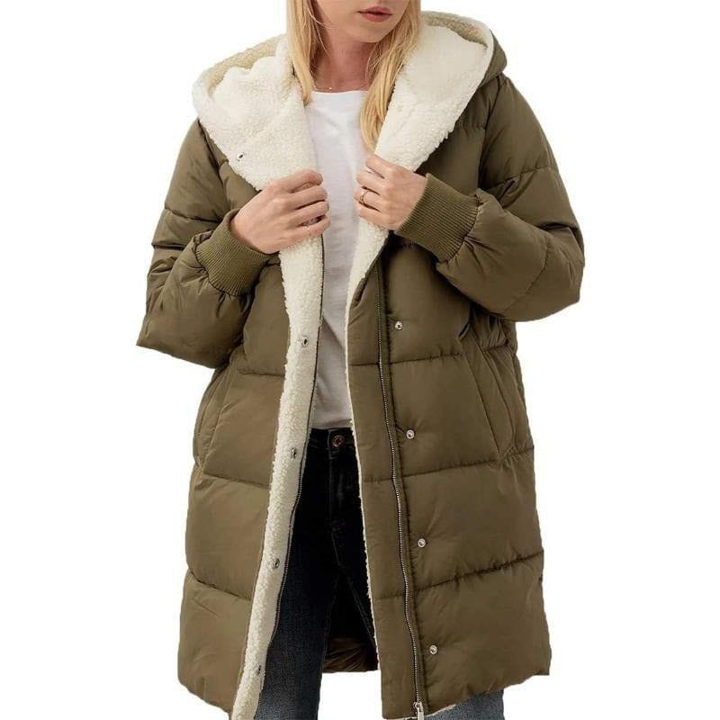 Lavinque Coats & Jackets Vert armée / S Doudoune Longue Doublée Polaire | Capuche et Boutons Pression | Ultra-Chaleur et Confort