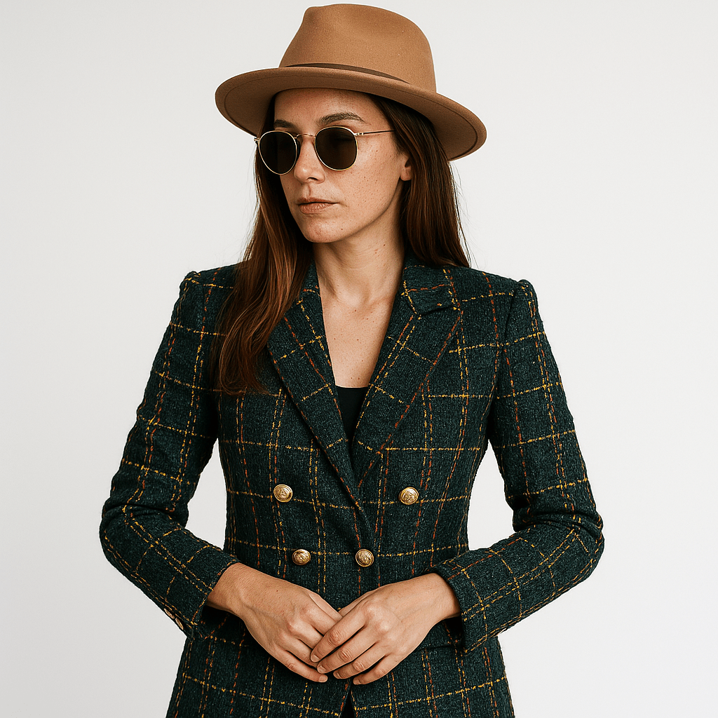 Lavinque Coats & Jackets Vert / S Blazer à Carreaux Camel & Noir | Boutons Dorés | Élégance Structurée