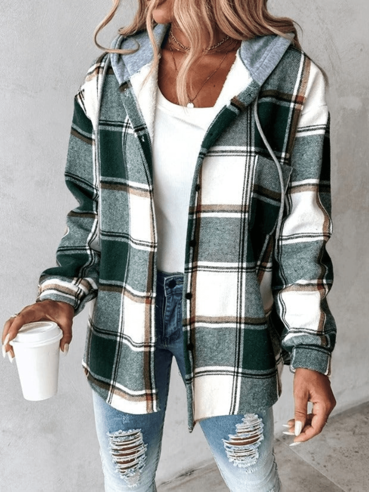 Lavinque Coats & Jackets Vert / S Veste Chemise à Capuche | Style Décontracté | Motif Carreaux