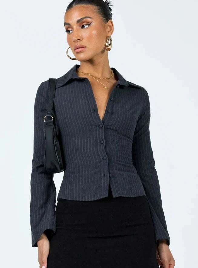 Lavinque Coats & Jackets Veste Cintrée Marron à Rayures | Manches Évasées | Élégance Rétro