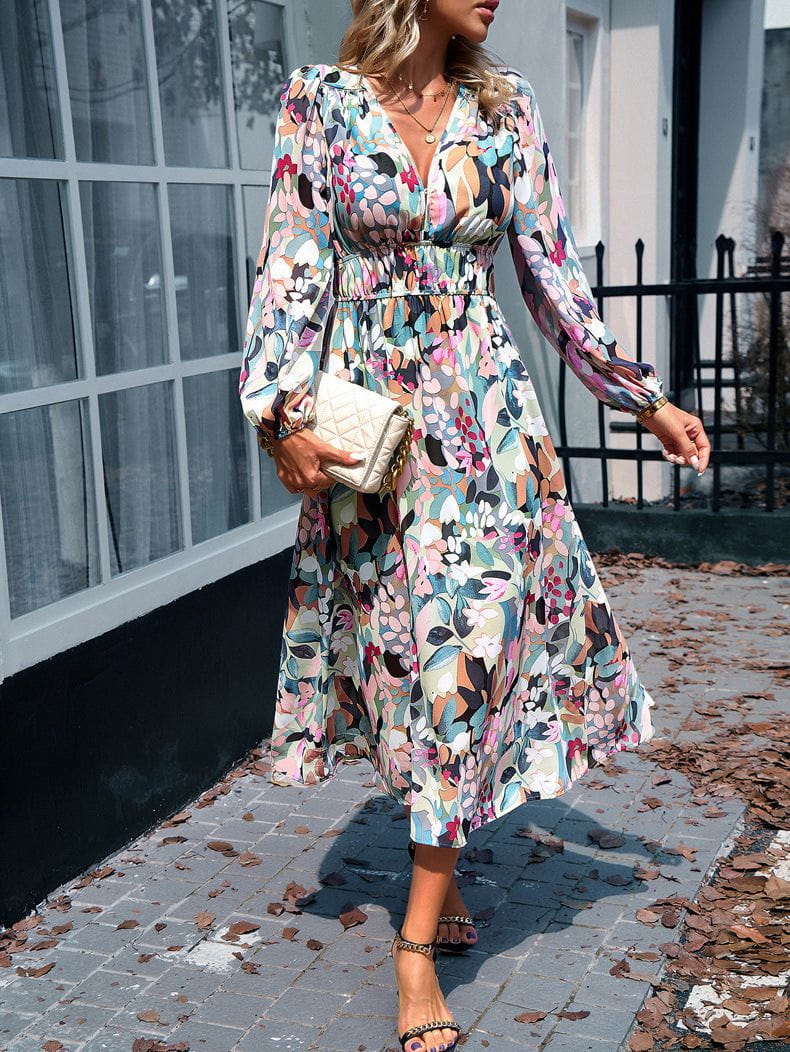 Lavinque Dress Arc-en-ciel / S Robe Midi Fluide | Imprimé Bleu Tropical | Fraîche et Élégante