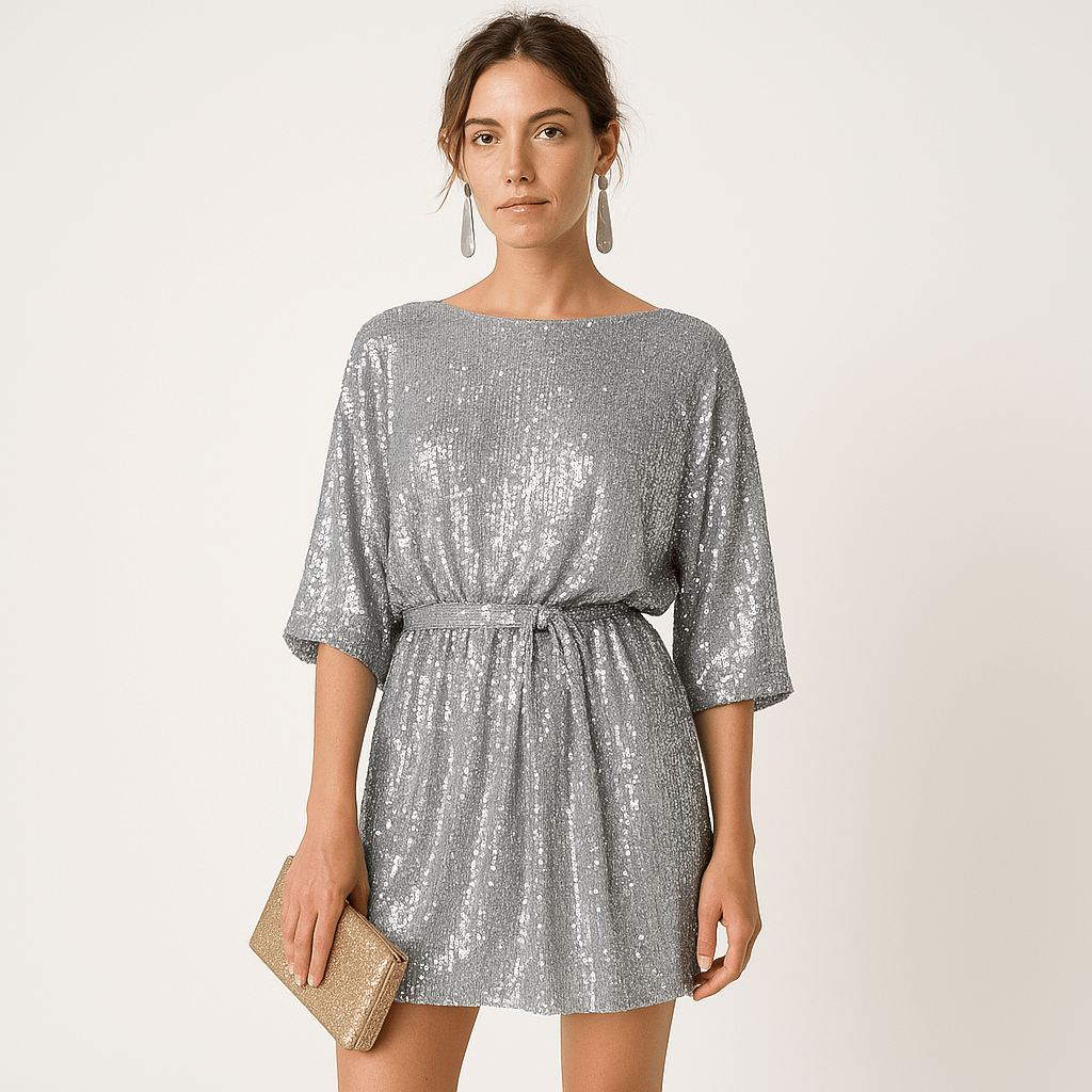 Lavinque Dress Argent / S Robe Noire à Sequins Fluide | Ceinturée | Chic & Confortable