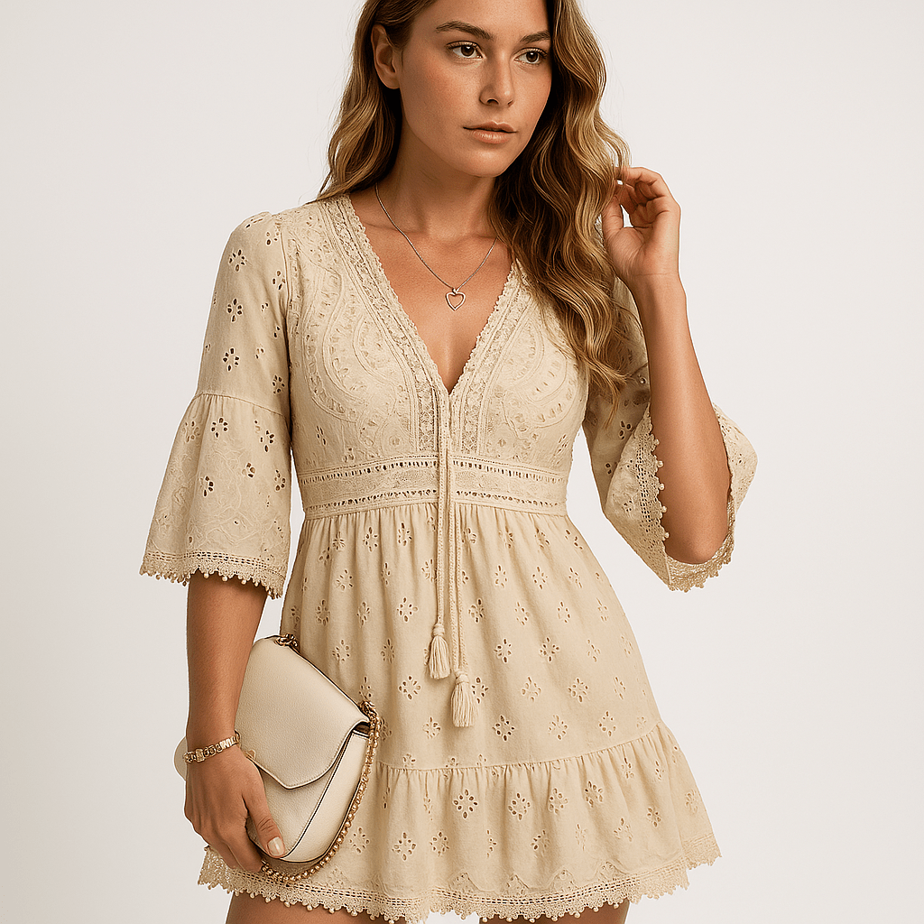 Lavinque Dress Beige / S Robe Courte Brodée Écrue | Bohème Chic | 100% Coton