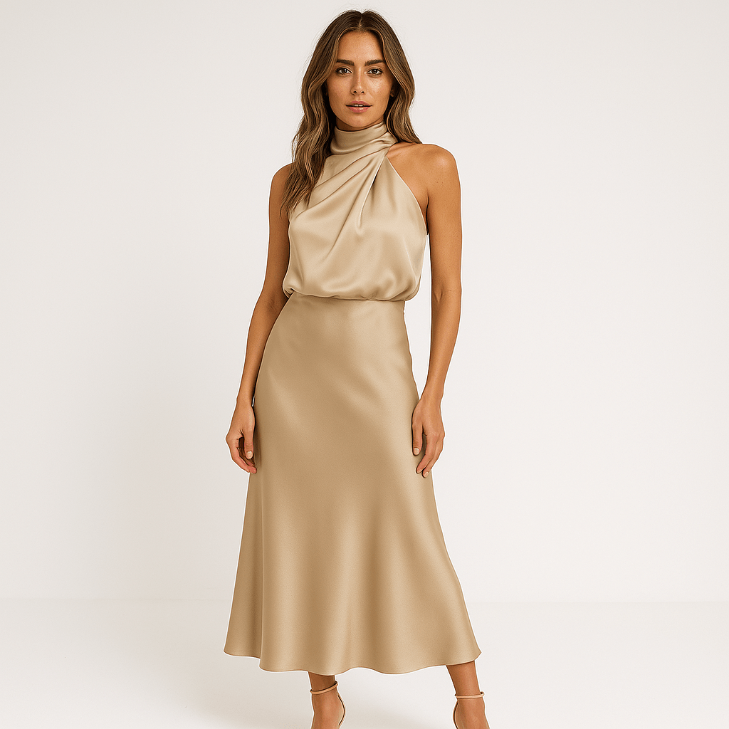 Lavinque Dress Beige / S Robe Longue Rose Terracotta | Col Haut Noué | Élégance Fluide