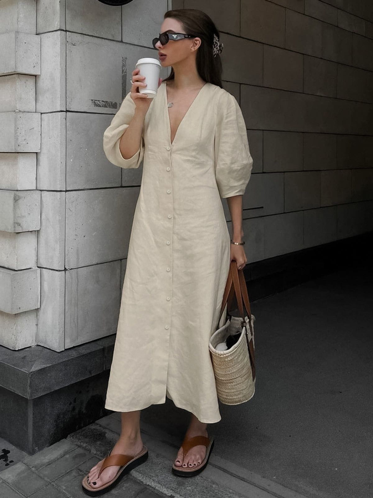 Lavinque Dress Beige / XS Robe Longue en Lin Boutonnée | Élégante | Naturelle et Confortable