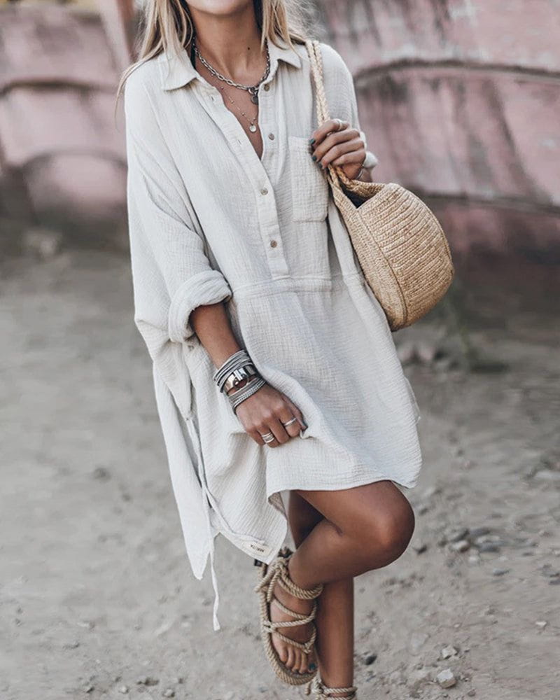 Lavinque Dress Blanc cassé / S Robe Chemise Courte en Lin | Décontractée | Légère et Naturelle