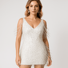 Lavinque Dress Blanc / S Robe Blanche à Franges & Sequins | Coupe Ajustée | Glamour & Festive