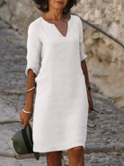 Lavinque Dress Blanc / S Robe Droite en Lin Noire | Col Fendu | Légère et Décontractée