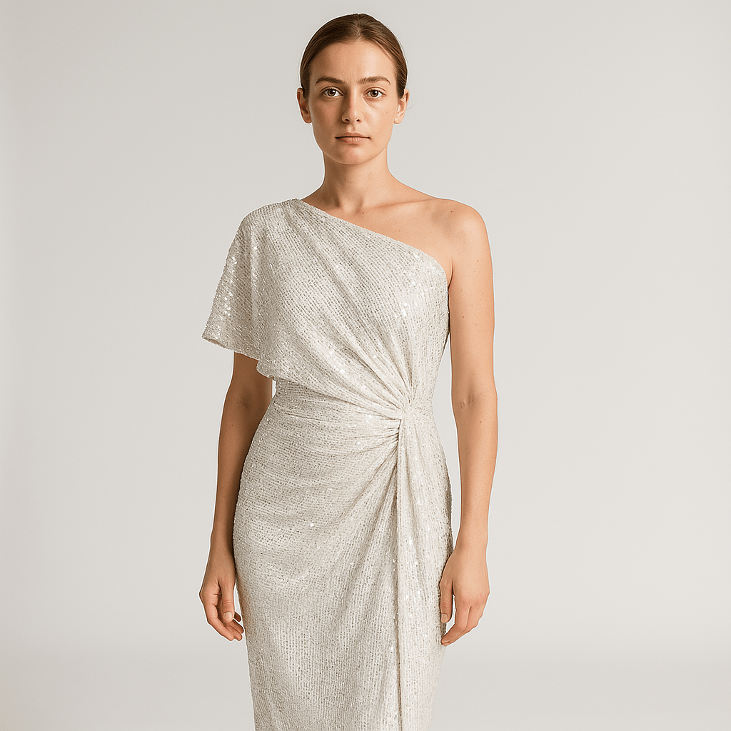 Lavinque Dress Blanc / S Robe Noire Asymétrique à Sequins | Épaule Dénudée | Drapée & Glamour