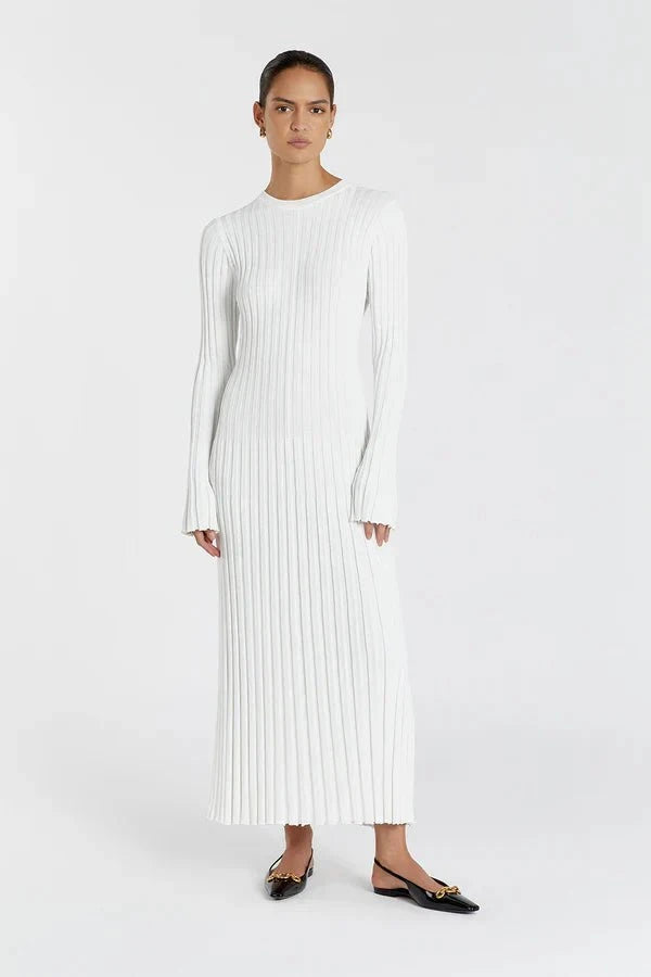 Lavinque Dress Blanc / XS Robe Longue Côtelée | Beige | Minimaliste et Élégante