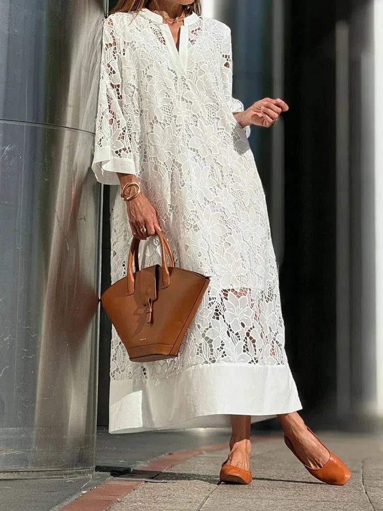Lavinque Dress Blanc / XS Robe Longue en Dentelle | Blanche | Bohème et Légère