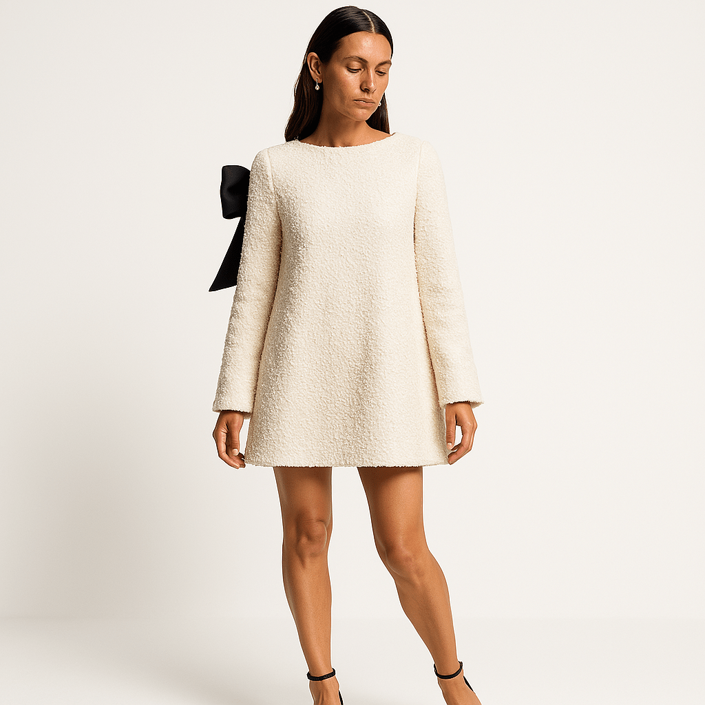 Lavinque Dress Blanc / XS Robe Trapèze Écrue | Nœud Noir au Dos | Élégance Minimaliste
