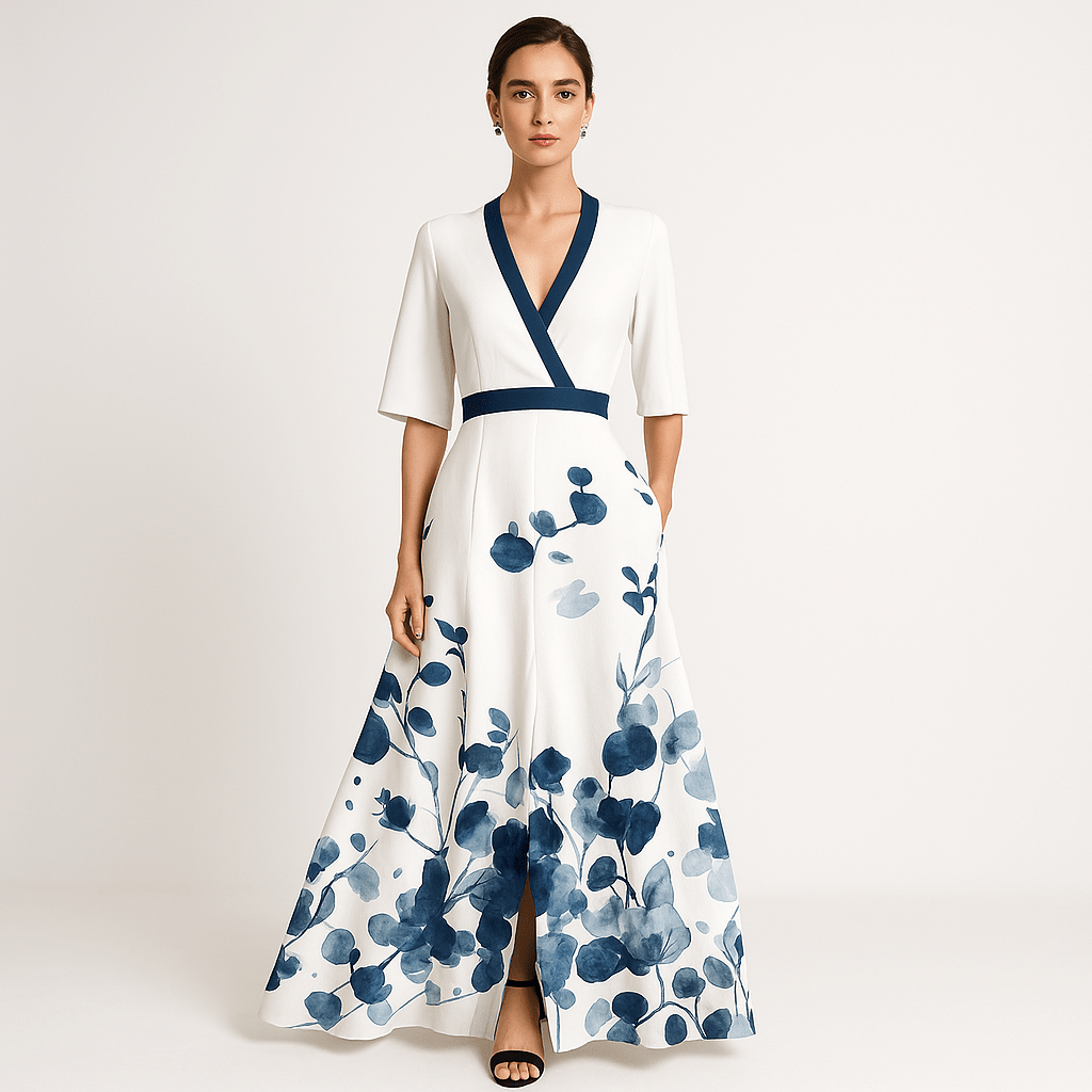 Lavinque Dress Bleu & Blanc / S Robe Longue Portefeuille | Motif Floral Audacieux | Légère et Féminine