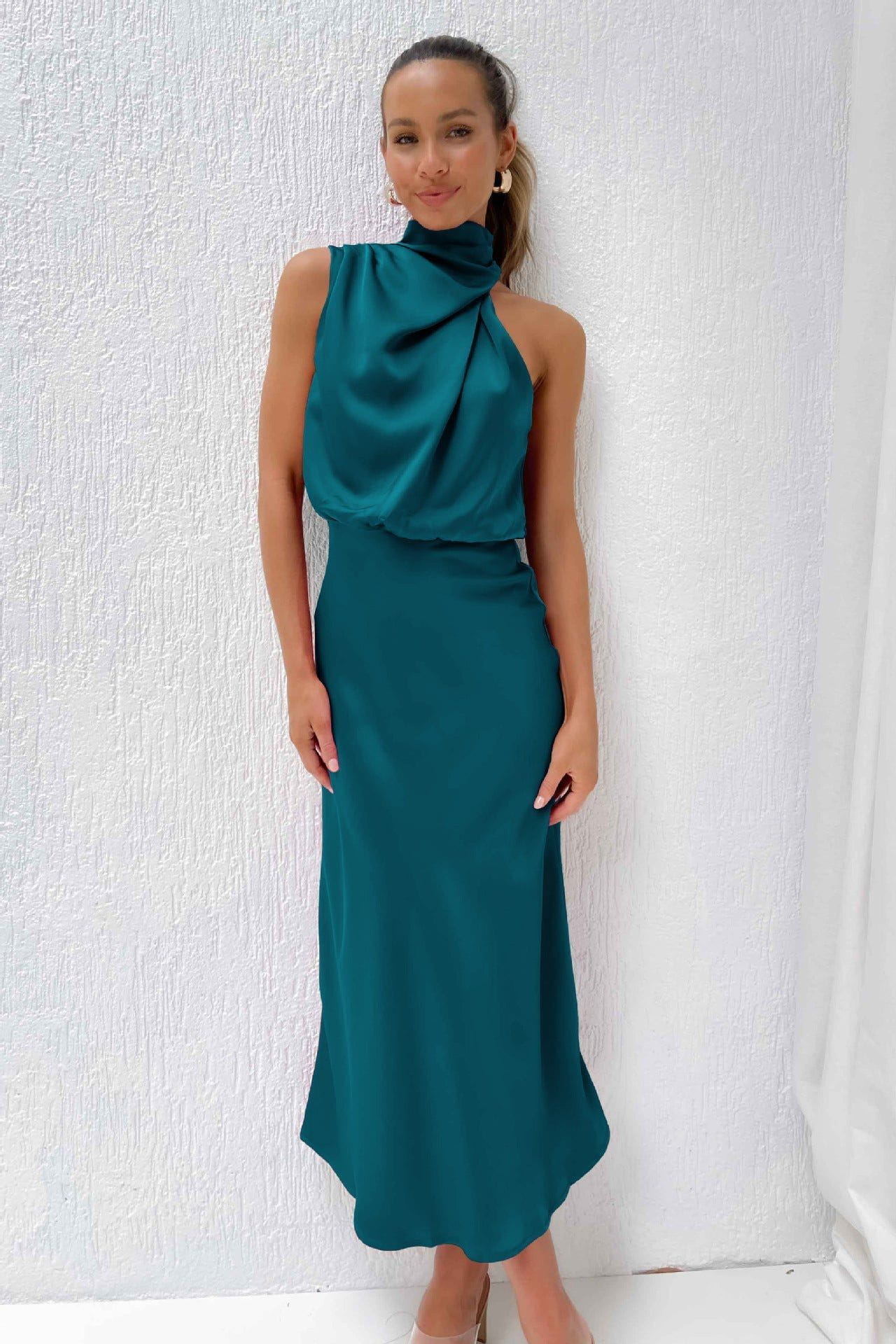 Lavinque Dress Bleu canard / S Robe Longue Satinée | Col Drapé | Élégance Intemporelle