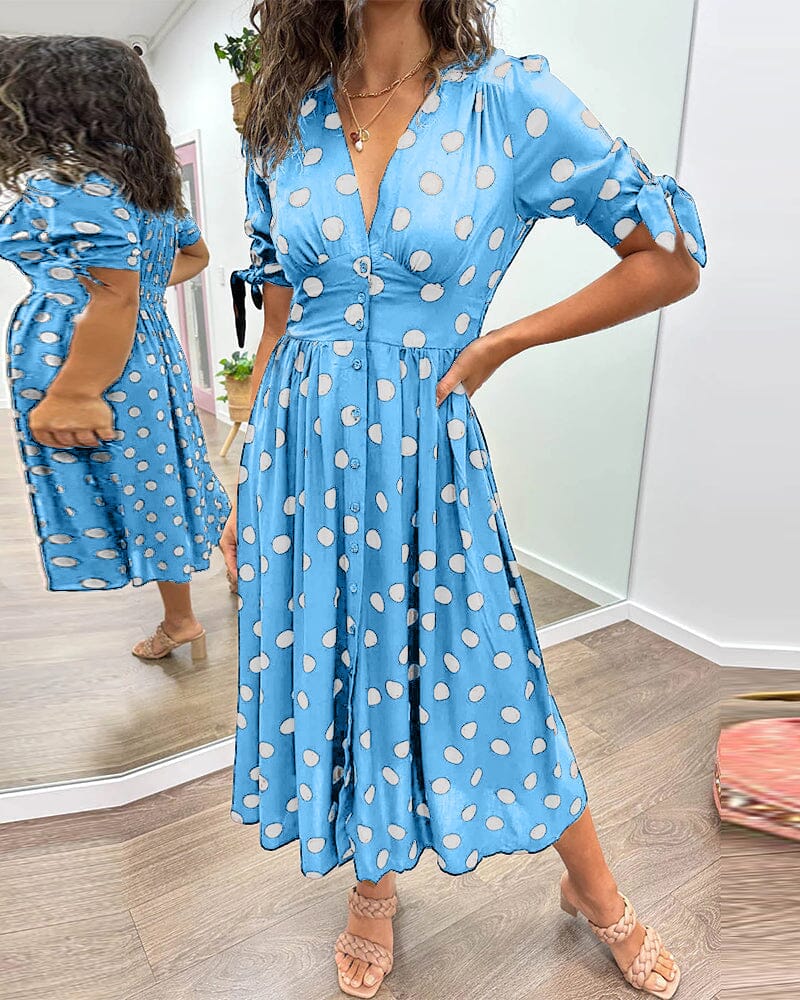 Lavinque Dress Bleu ciel / M Robe Midi à Pois | Boutonnée et Cintrée | Élégance Rétro et Féminine