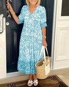 Lavinque Dress Bleu ciel / S Robe Bohème à Imprimé Fleuri | Mi-Longue et Fluide | Élégance Décontractée