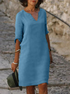 Lavinque Dress Bleu ciel / S Robe Droite en Lin Noire | Col Fendu | Légère et Décontractée