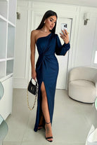 Lavinque Dress Bleu Foncé / S Robe de Soirée Asymétrique | Satin Bleu Canard | Élégance Glamour