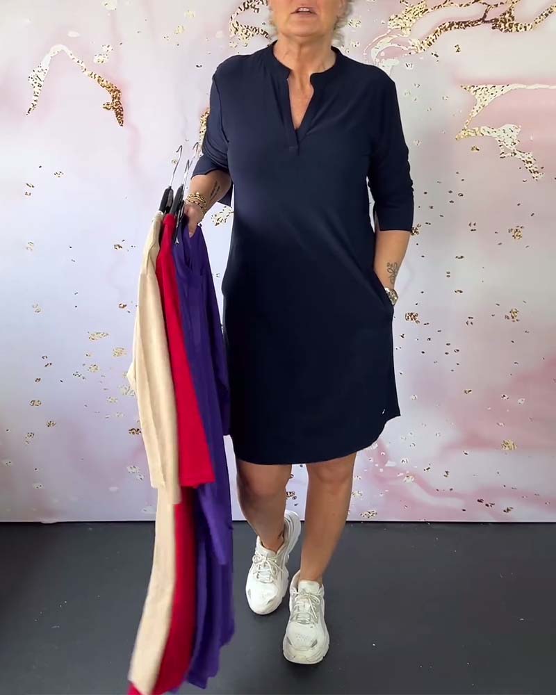 Lavinque Dress Bleu foncé / S Robe Décontractée à Col Fendu | Manches 3/4 | Confort et Élégance