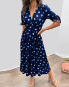 Lavinque Dress Bleu / M Robe Midi à Pois | Boutonnée et Cintrée | Élégance Rétro et Féminine