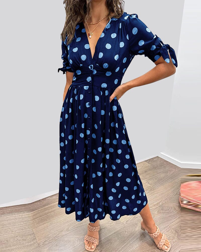 Lavinque Dress Bleu / M Robe Midi à Pois | Boutonnée et Cintrée | Élégance Rétro et Féminine