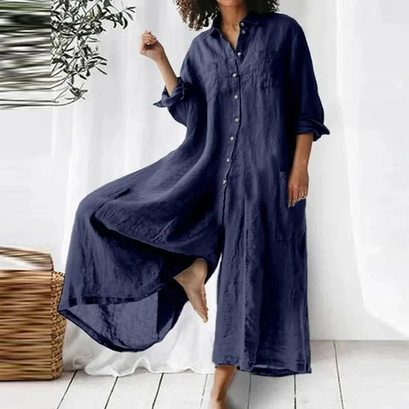 Lavinque Dress Bleu Marine / S Robe Chemise Longue en Lin | Décontractée | Fluide et Élégante