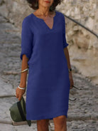 Lavinque Dress Bleu marine / S Robe Droite en Lin Noire | Col Fendu | Légère et Décontractée