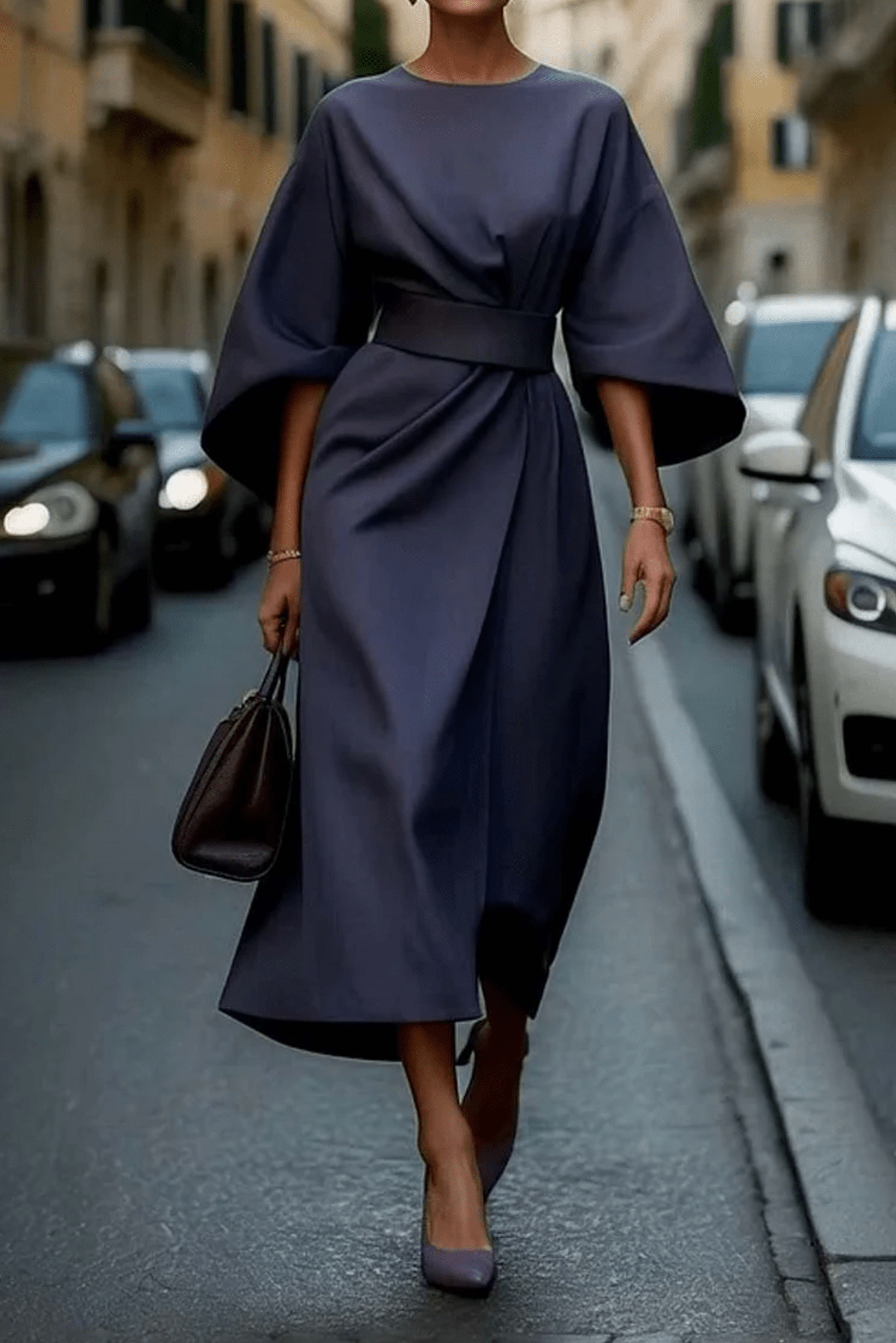 Lavinque Dress Bleu marine / S Robe Élégante | Noire | Manches Amples et Ceinture Structurée