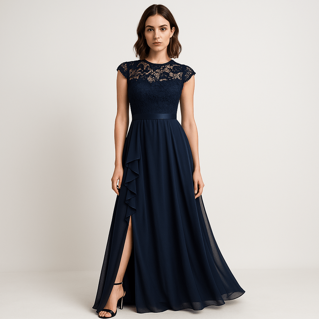 Lavinque Dress Bleu Marine / S Robe Longue Noire avec Dentelle | Événement Élégant | Fente Asymétrique & Fluidité